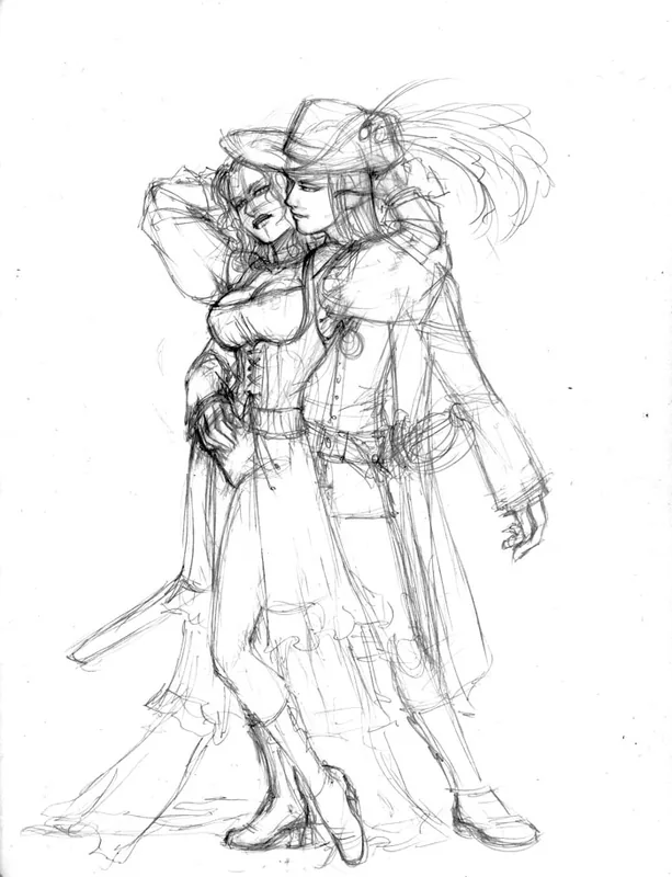 Loose pencil sketch of two fantasy figures standing close together, one in a feathered hat and long coat leaning toward a woman in a long dress.