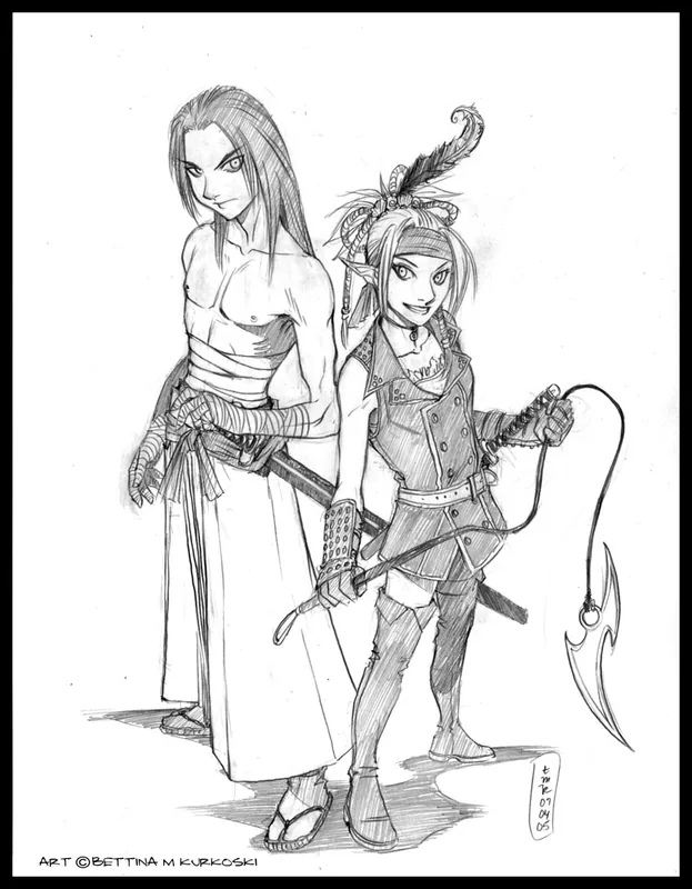Monochrome pencil sketch of two fantasy characters posed back-to-back, a shirtless long-haired figure with a sash and sword beside a pointed-eared figure in a feathered headpiece holding a whip tipped with a hooked blade.