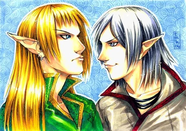 Color illustration of two long-haired elves facing each other against a blue patterned background, one blond in green and one silver-haired in gray and red.