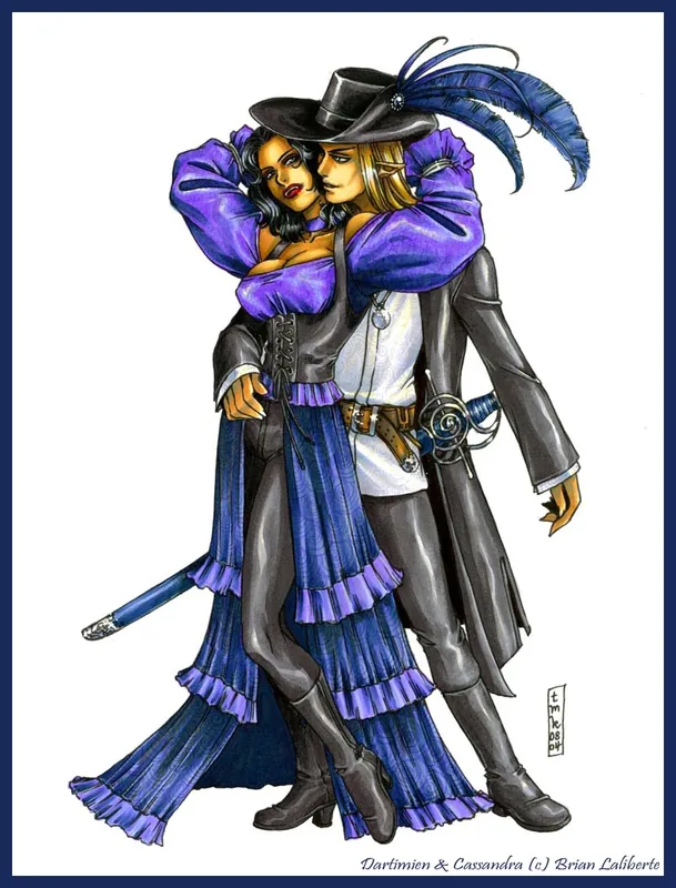 Color illustration of a dark-haired woman in a purple-and-black dress standing close beside a blond elf in a feathered black hat and long dark coat, both carrying swords.