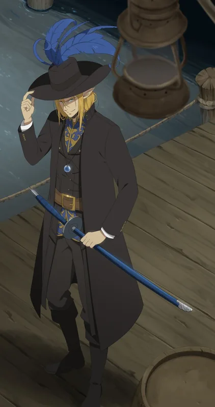 Color illustration of a blond elf in a long black coat and feathered hat standing on a wooden dock with a blue-sheathed sword.