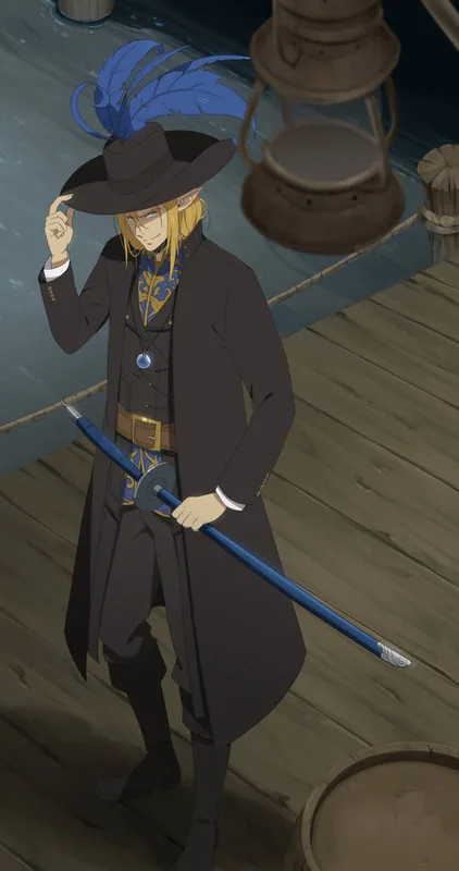 Color illustration of a blond elf on a wooden dock, tipping a wide black hat with blue feathers while holding a blue-sheathed sword beneath a hanging lantern.