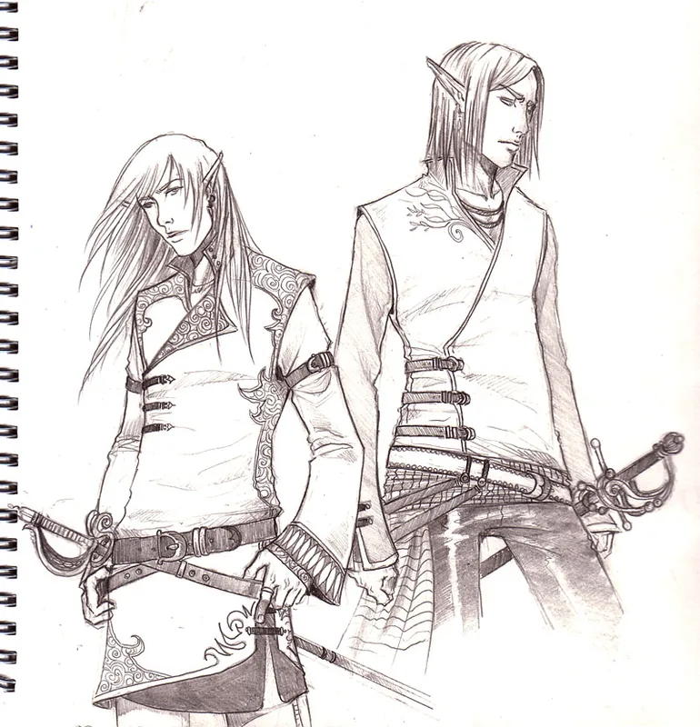 Pencil sketch of two long-haired elves with pointed ears and ornate tunics standing side by side, each carrying a sword.