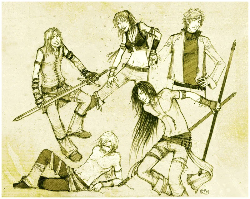 Sepia-toned pencil drawing of five fantasy adventurers posed together with swords and staffs.