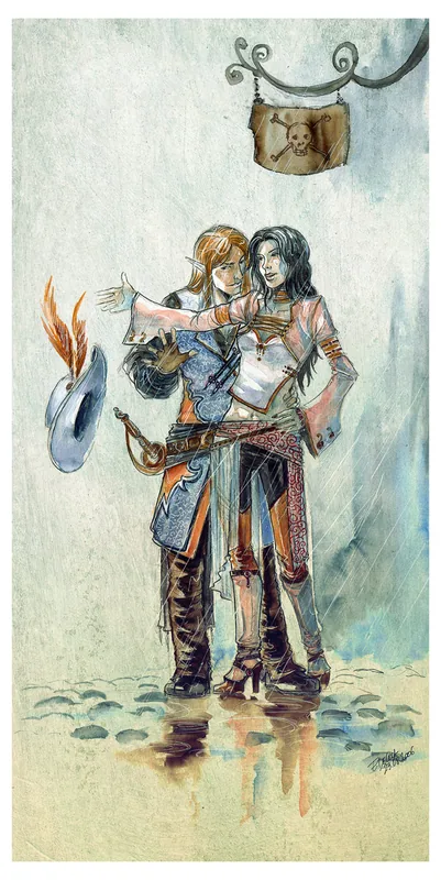 Watercolor-style illustration of two fantasy figures standing close together in the rain beneath a pirate sign, one extending an arm toward a feathered hat.