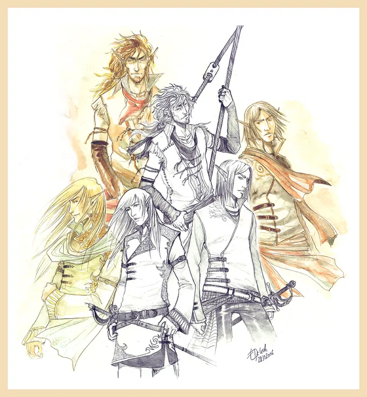 Lightly colored group sketch of six fantasy adventurers, several with pointed ears and swords, arranged around a central figure holding a spear.