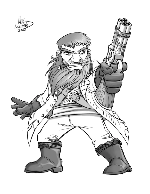 Black-and-white illustration of a stocky bearded dwarf with a cigar, aiming a four-barreled pistol toward the viewer.