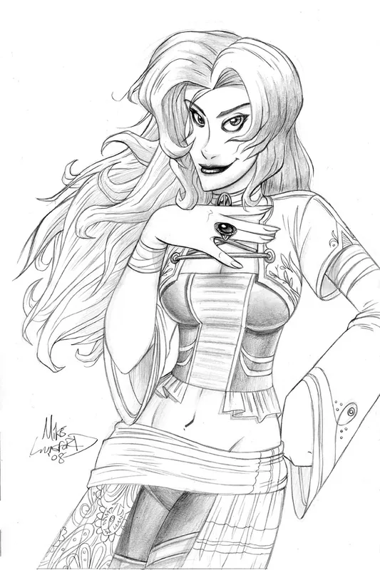 Pencil drawing of a long-haired woman in a fitted fantasy outfit, posing with one hand across her chest and the other on her hip.