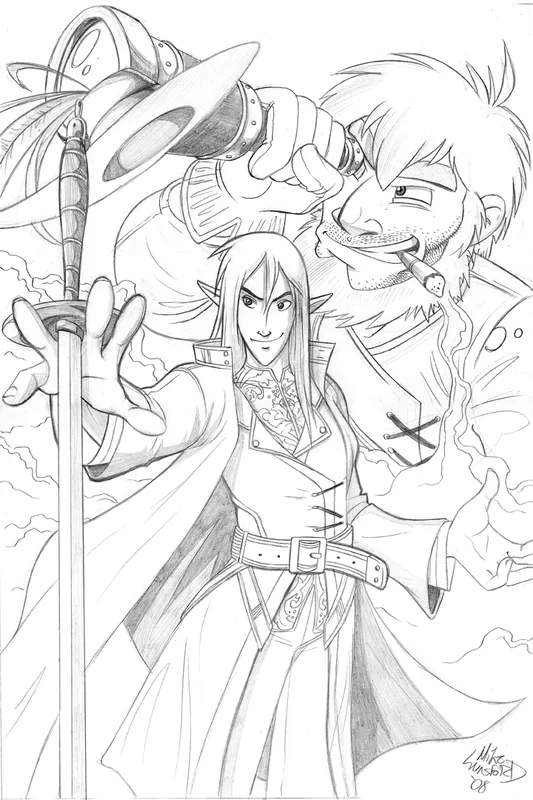 Black-and-white drawing of a slender long-haired elf reaching forward with a sword while a much larger bearded man with a cigar looms behind him.