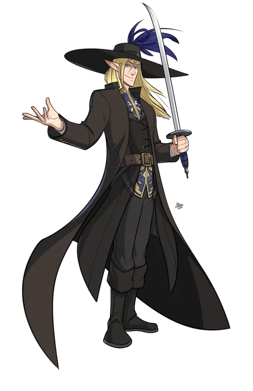 Full-length color illustration of a blond elf in a wide-brimmed black hat and long dark coat, holding a curved sword upright with one hand extended.