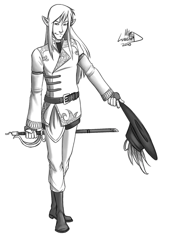 Black-and-white full-length drawing of a long-haired elf holding a rapier and a feathered hat, wearing an embroidered tunic and tall boots.