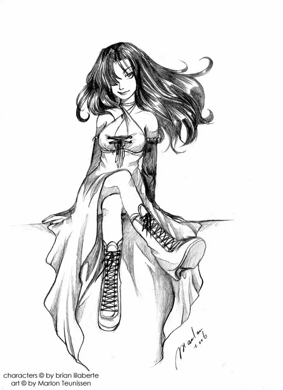 Monochrome pencil sketch of a long-haired woman seated with her legs crossed, wearing a short lace-up dress and high-laced boots against a plain white background.