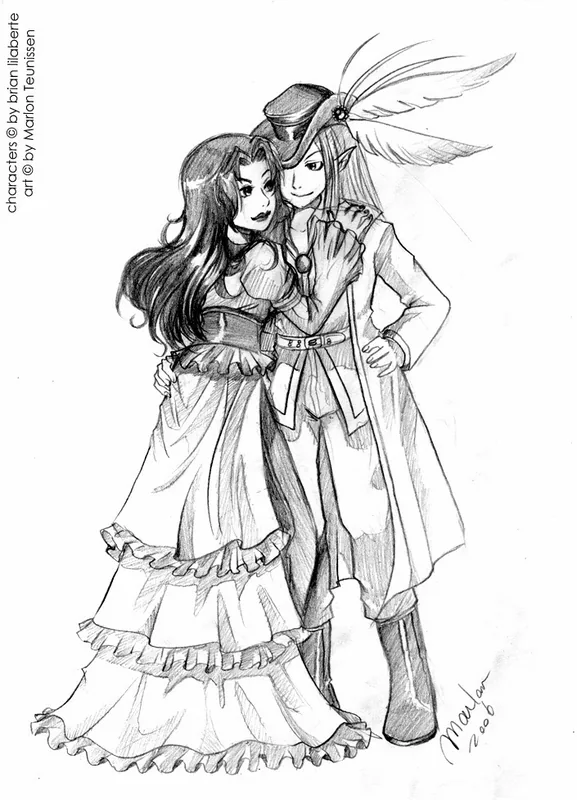 Monochrome pencil sketch of a long-haired woman in a ruffled corset-style dress standing close beside a long-haired figure in a feathered hat and long coat, with an arm around her shoulders.
