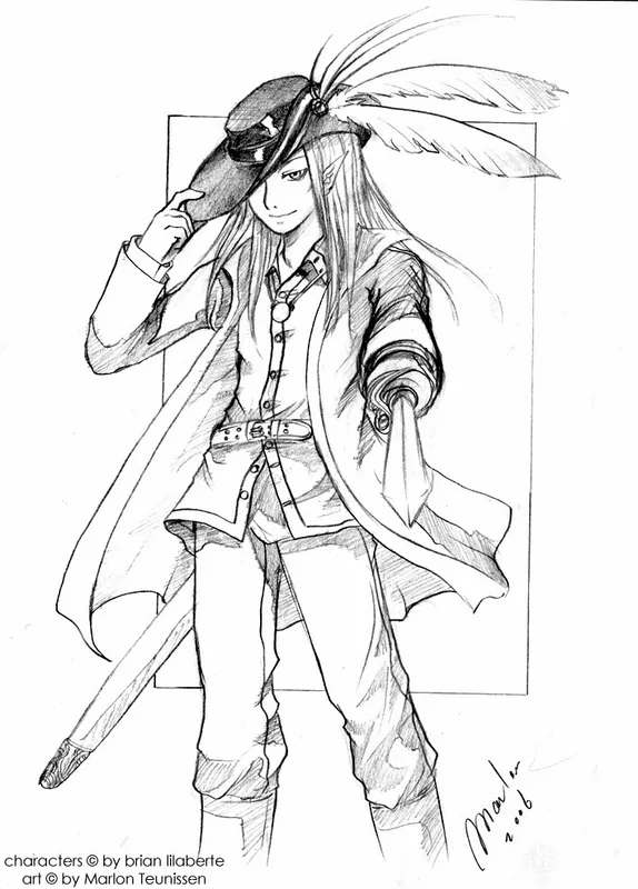 Monochrome full-body sketch of a long-haired figure in a wide feathered hat, collared shirt, vest, long coat and tall boots, with one hand near a sheathed sword and the other arm extended.