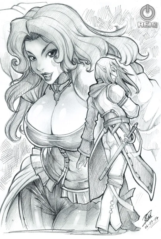 Black-and-white pencil illustration of a long-haired woman in the foreground with a long-haired elf behind her carrying two swords.