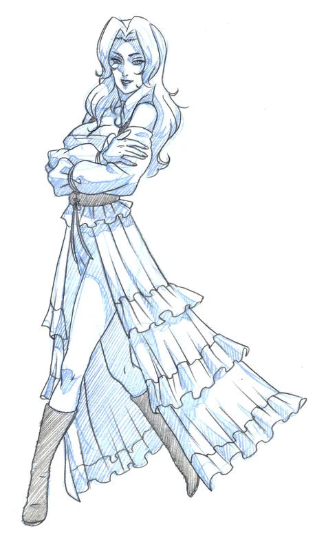Blue-pencil full-body sketch of a long-haired woman in a ruffled dress, standing with her arms folded.