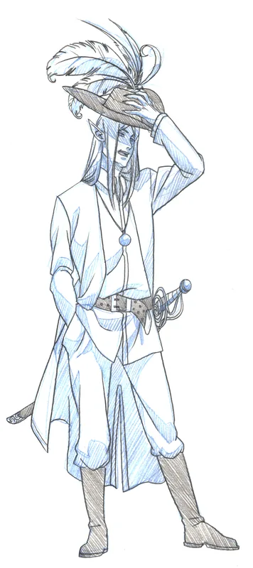 Blue-pencil full-body sketch of a long-haired elf lifting a feathered hat, with a sword at his hip.